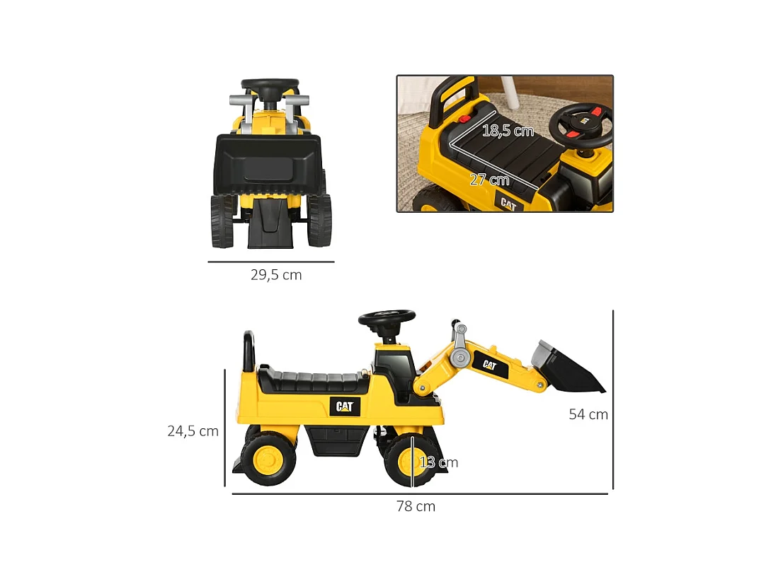 Pelle mécanique pour enfant, tracteur à pédales avec pelle maniable, protection anti-bascule, roues antidérapantes, jaune+noir (78x29.5x54 cm)