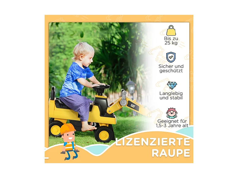 Pelle mécanique pour enfant, tracteur à pédales avec pelle maniable, protection anti-bascule, roues antidérapantes, jaune+noir (78x29.5x54 cm)