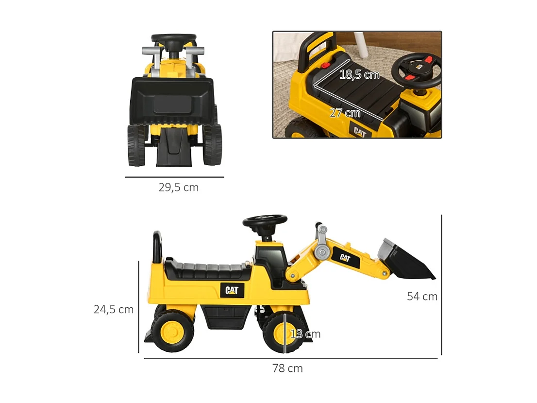 Pelle mécanique pour enfant, tracteur à pédales avec pelle maniable, protection anti-bascule, roues antidérapantes, jaune+noir (78x29.5x54 cm)
