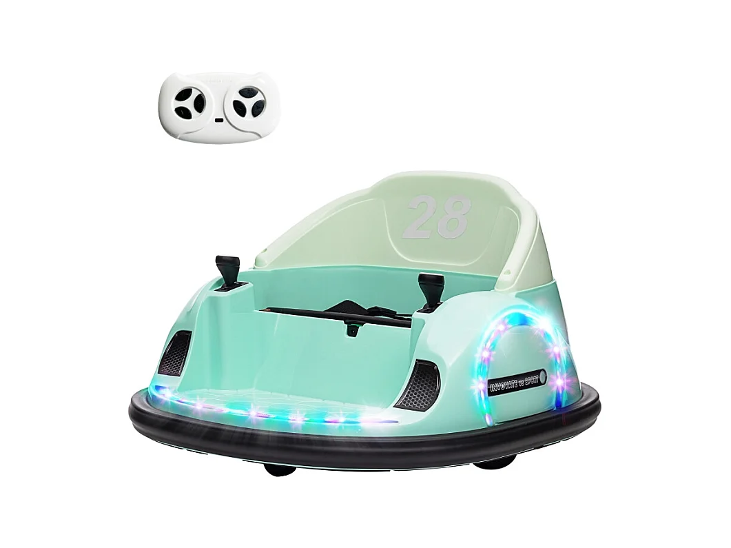 Elektrische kinderauto met 2.4G afstandsbediening, bumper, muziek, LED, 2 km/u, 360° rotatie, groen kunststof (66,5x64,5x39cm)