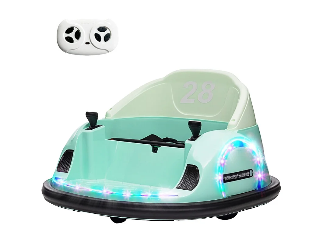 Elektrische kinderauto met 2.4G afstandsbediening, bumper, muziek, LED, 2 km/u, 360° rotatie, groen kunststof (66,5x64,5x39cm)