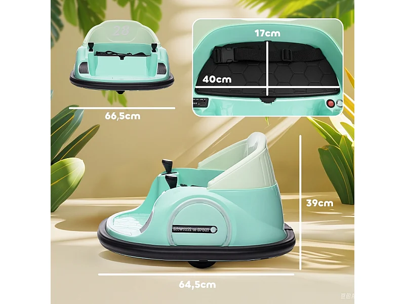 Elektrische kinderauto met 2.4G afstandsbediening, bumper, muziek, LED, 2 km/u, 360° rotatie, groen kunststof (66,5x64,5x39cm)