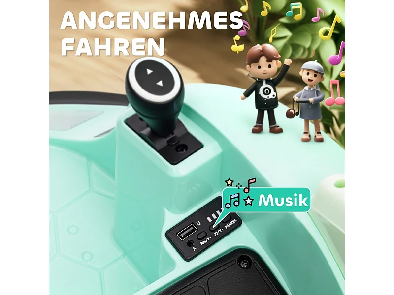 Elektrische kinderauto met 2.4G afstandsbediening, bumper, muziek, LED, 2 km/u, 360° rotatie, groen kunststof (66,5x64,5x39cm)