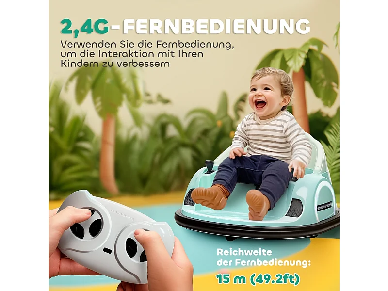 Elektrische kinderauto met 2.4G afstandsbediening, bumper, muziek, LED, 2 km/u, 360° rotatie, groen kunststof (66,5x64,5x39cm)