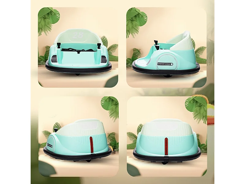 Elektrische kinderauto met 2.4G afstandsbediening, bumper, muziek, LED, 2 km/u, 360° rotatie, groen kunststof (66,5x64,5x39cm)