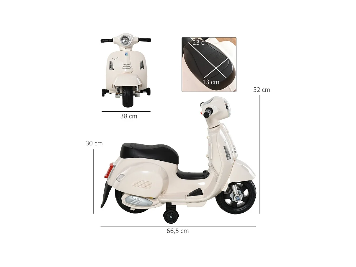 Moto électrique pour enfant, design authentique, plastique et métal, blanc, avec LED et son (66.5x38x52cm)