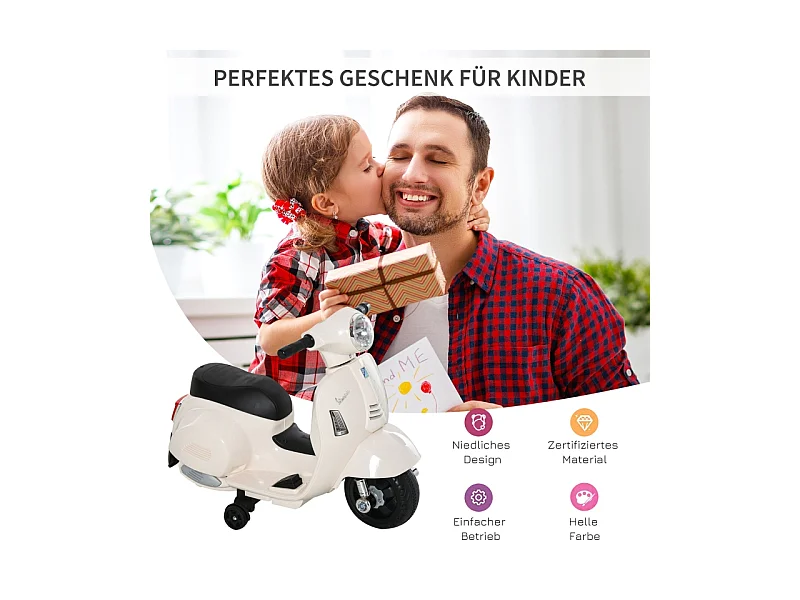 Moto électrique pour enfant, design authentique, plastique et métal, blanc, avec LED et son (66.5x38x52cm)