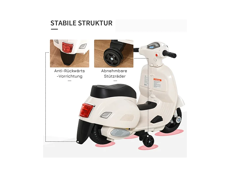 Moto électrique pour enfant, design authentique, plastique et métal, blanc, avec LED et son (66.5x38x52cm)