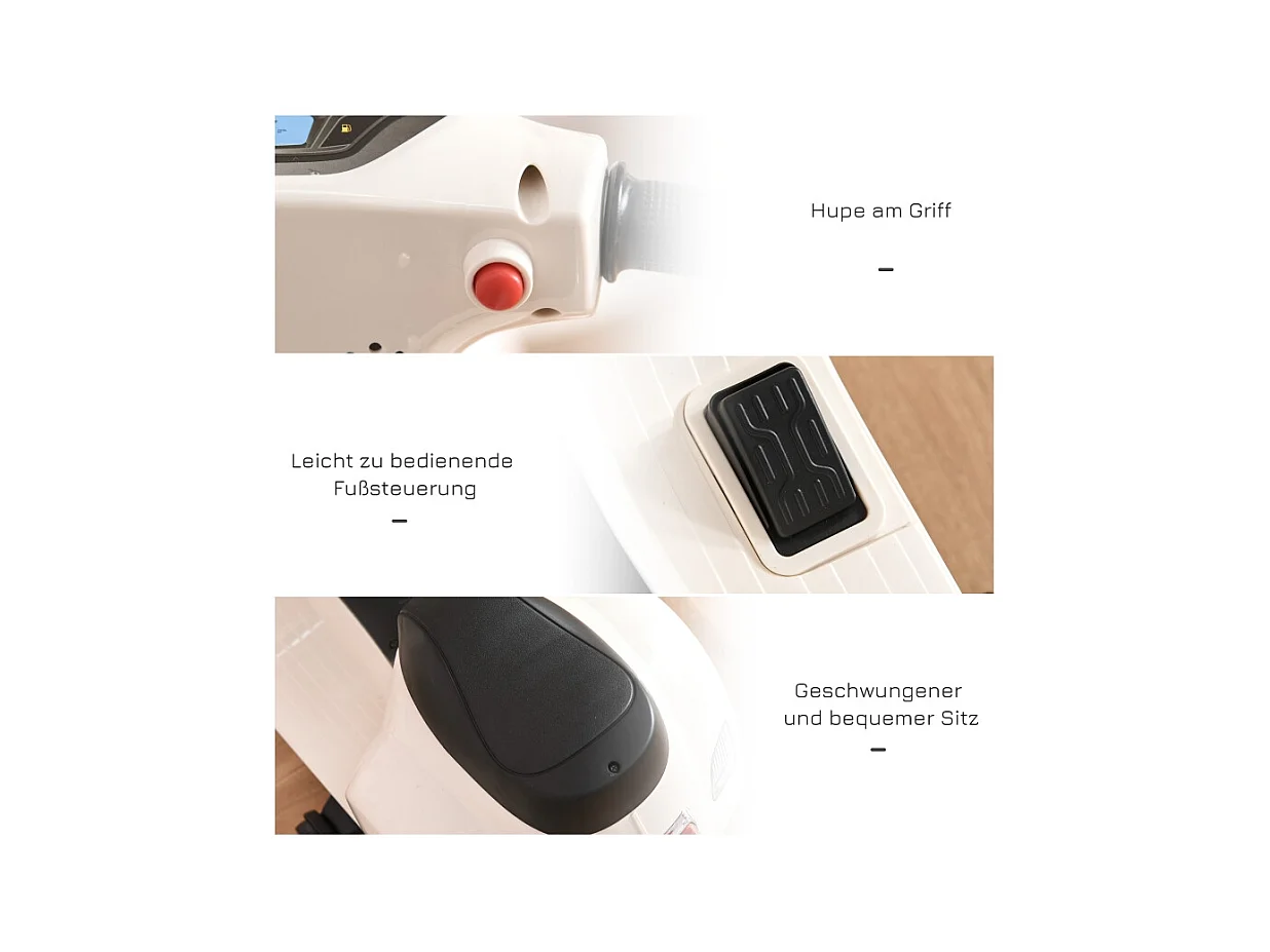 Moto électrique pour enfant, design authentique, plastique et métal, blanc, avec LED et son (66.5x38x52cm)