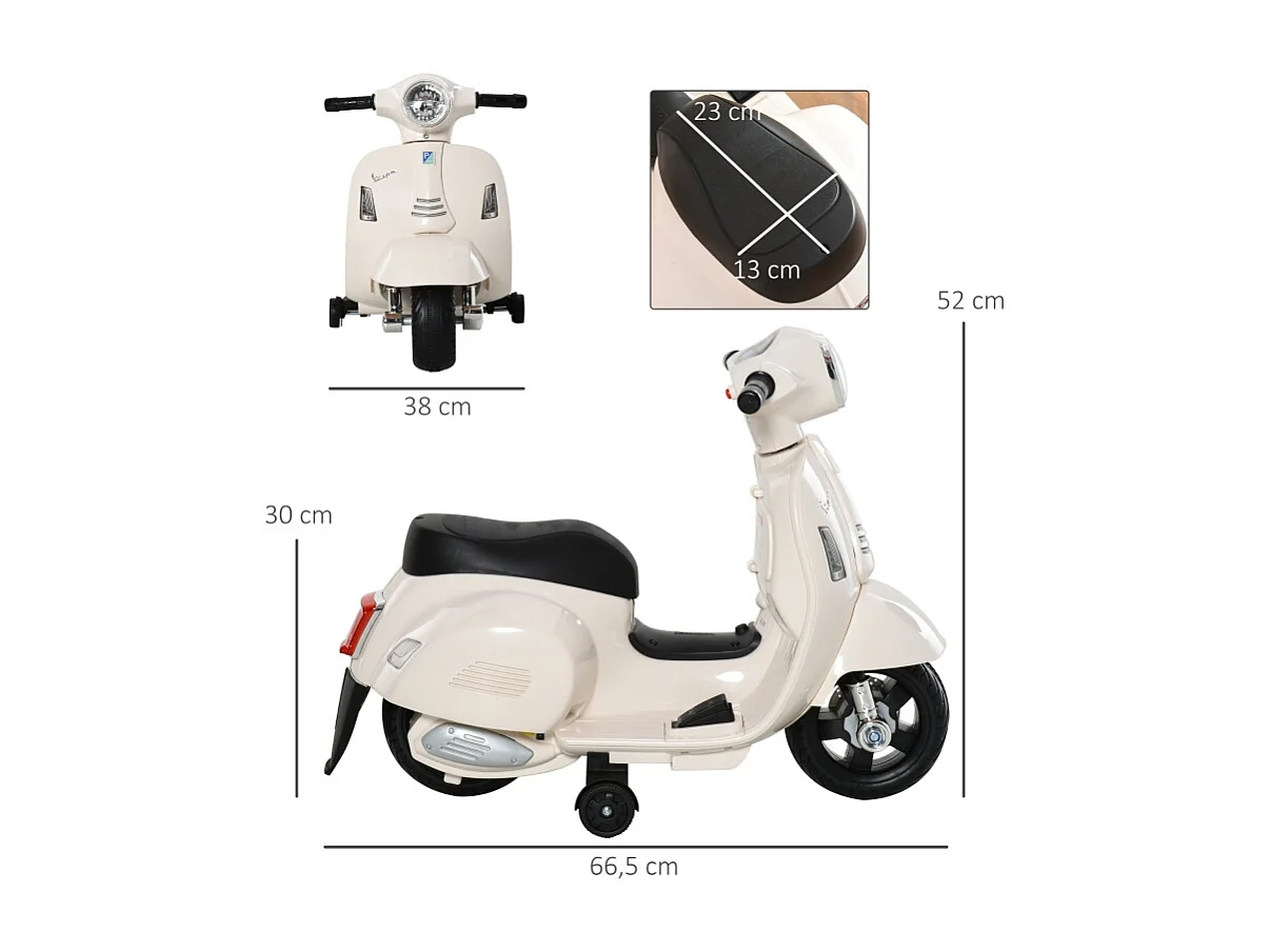 Moto électrique pour enfant, design authentique, plastique et métal, blanc, avec LED et son (66.5x38x52cm)