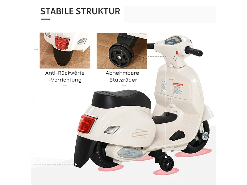 Moto électrique pour enfant, design authentique, plastique et métal, blanc, avec LED et son (66.5x38x52cm)