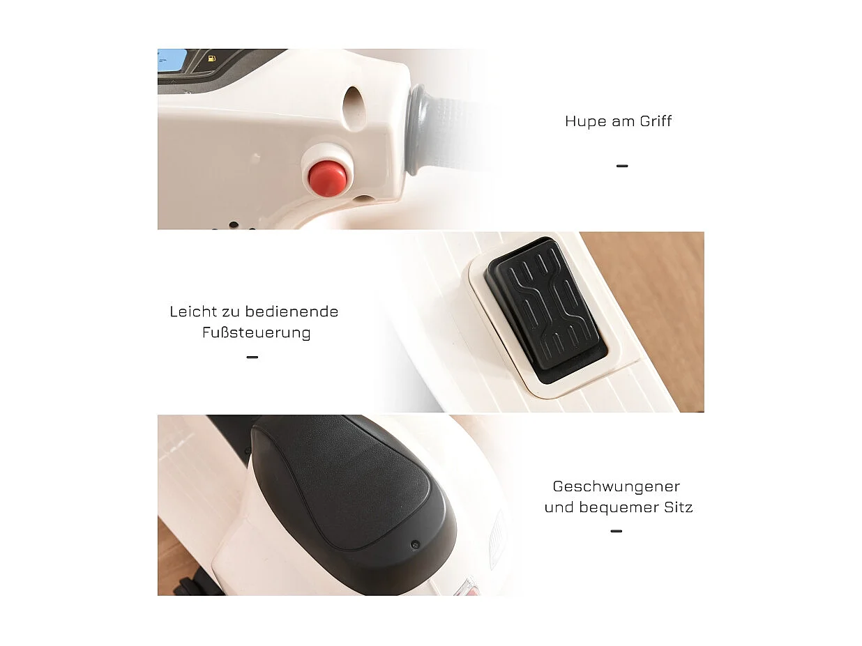 Moto électrique pour enfant, design authentique, plastique et métal, blanc, avec LED et son (66.5x38x52cm)