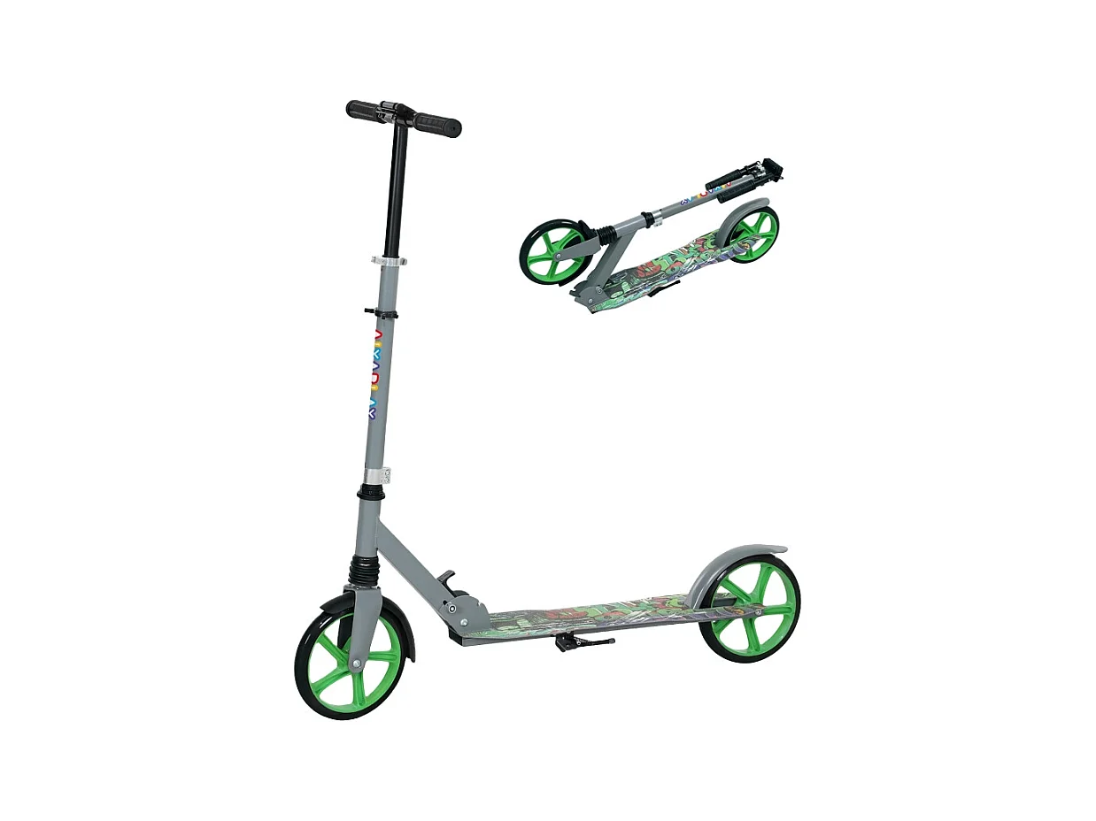 Trottinette pliable pour enfants avec guidon réglable, 2 grandes roues, frein arrière, plastique, vert (94x38x103 cm)