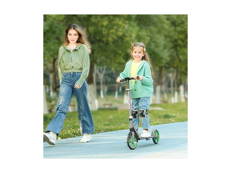 Trottinette pliable pour enfants avec guidon réglable, 2 grandes roues, frein arrière, plastique, vert (94x38x103 cm)