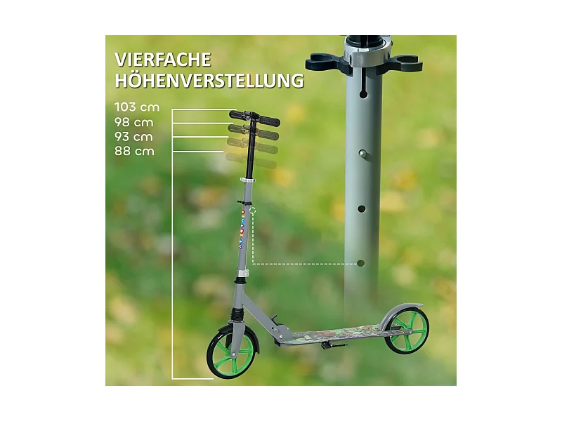 Trottinette pliable pour enfants avec guidon réglable, 2 grandes roues, frein arrière, plastique, vert (94x38x103 cm)