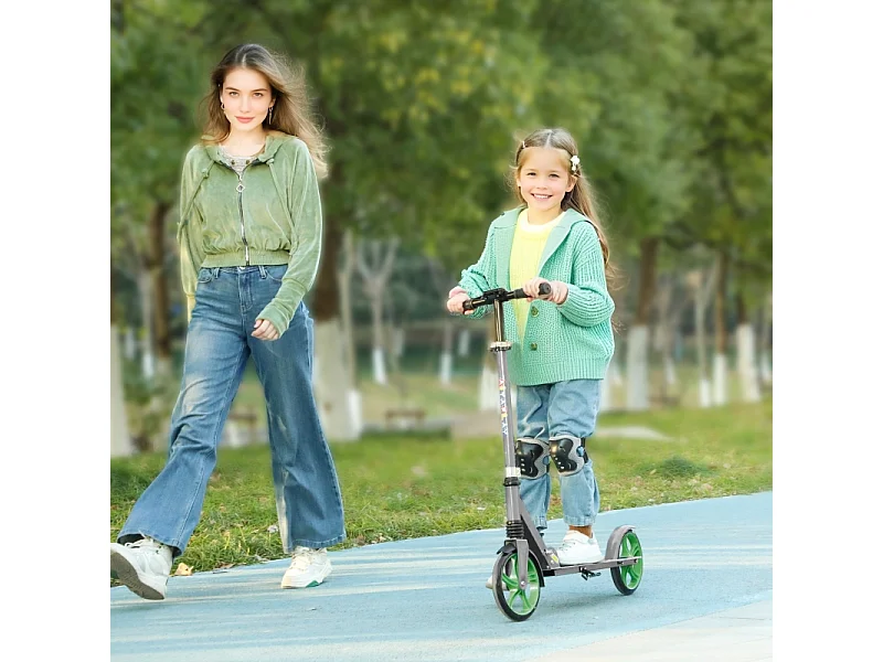 Trottinette pliable pour enfants avec guidon réglable, 2 grandes roues, frein arrière, plastique, vert (94x38x103 cm)
