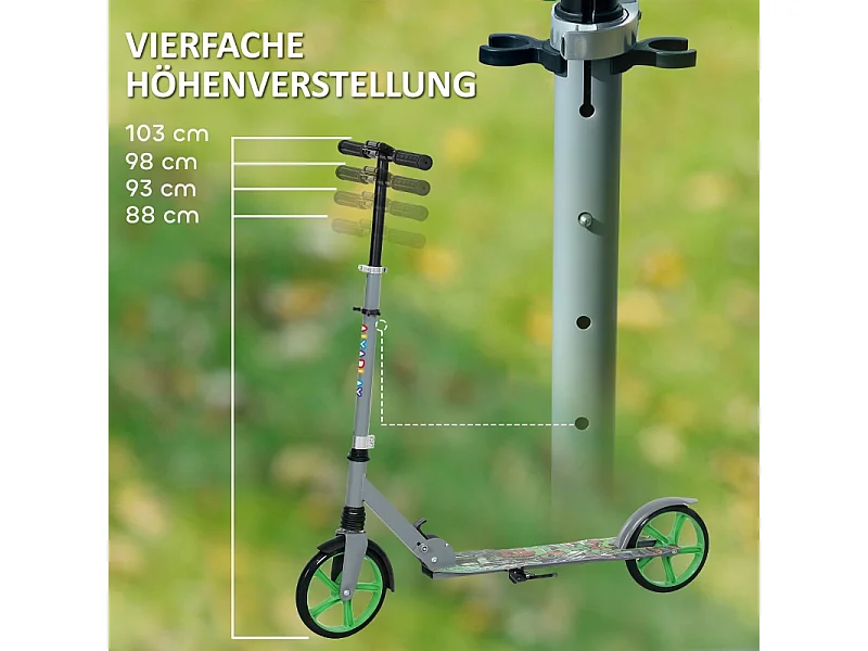 Trottinette pliable pour enfants avec guidon réglable, 2 grandes roues, frein arrière, plastique, vert (94x38x103 cm)