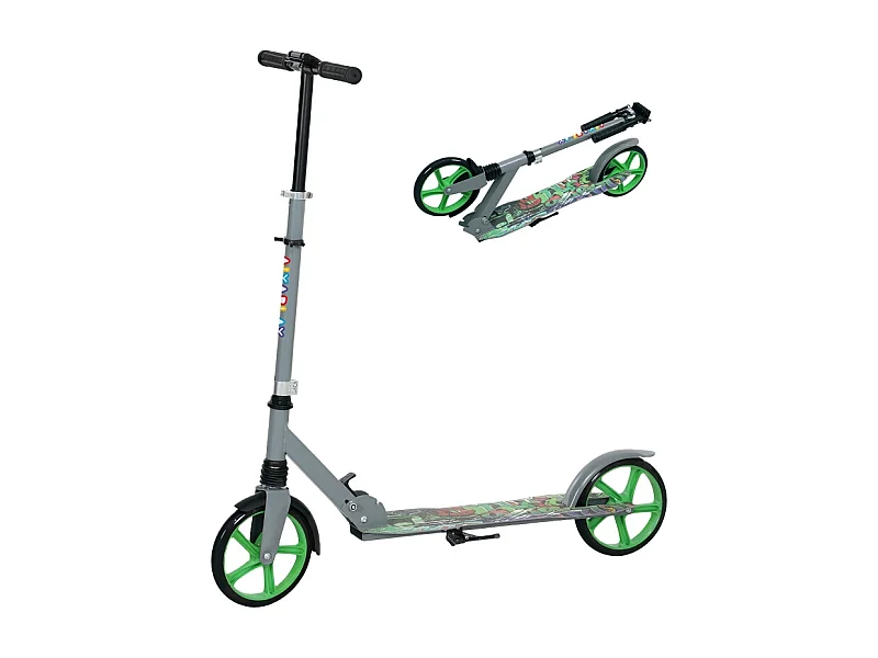 Opvouwbare kinderstep met verstelbaar stuur, 2 grote wielen, achterrem, kunststof, groen (94x38x103 cm)