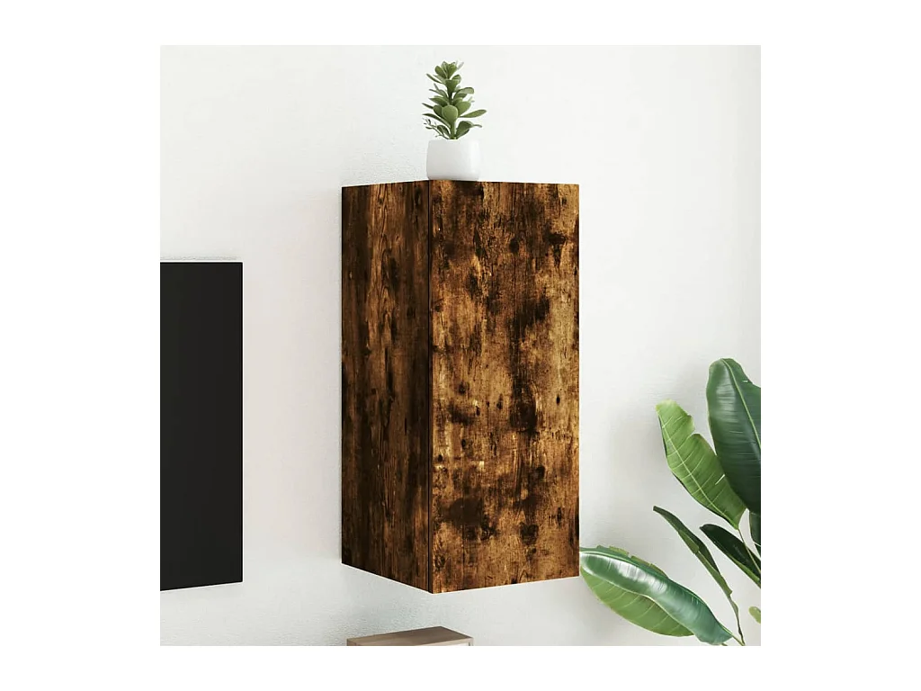 Wandmontierter TV-Schrank mit LED-Beleuchtung, geräucherte Eiche, 30,5 x 35 x 70 cm