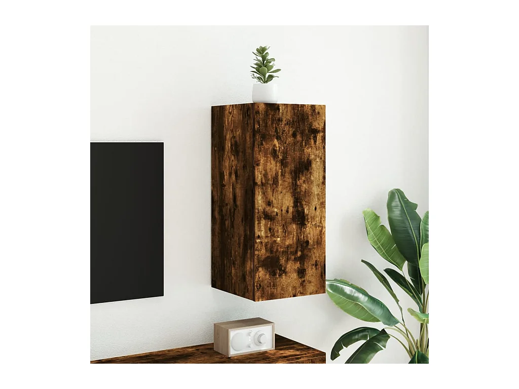 Wandmontierter TV-Schrank mit LED-Beleuchtung, geräucherte Eiche, 30,5 x 35 x 70 cm