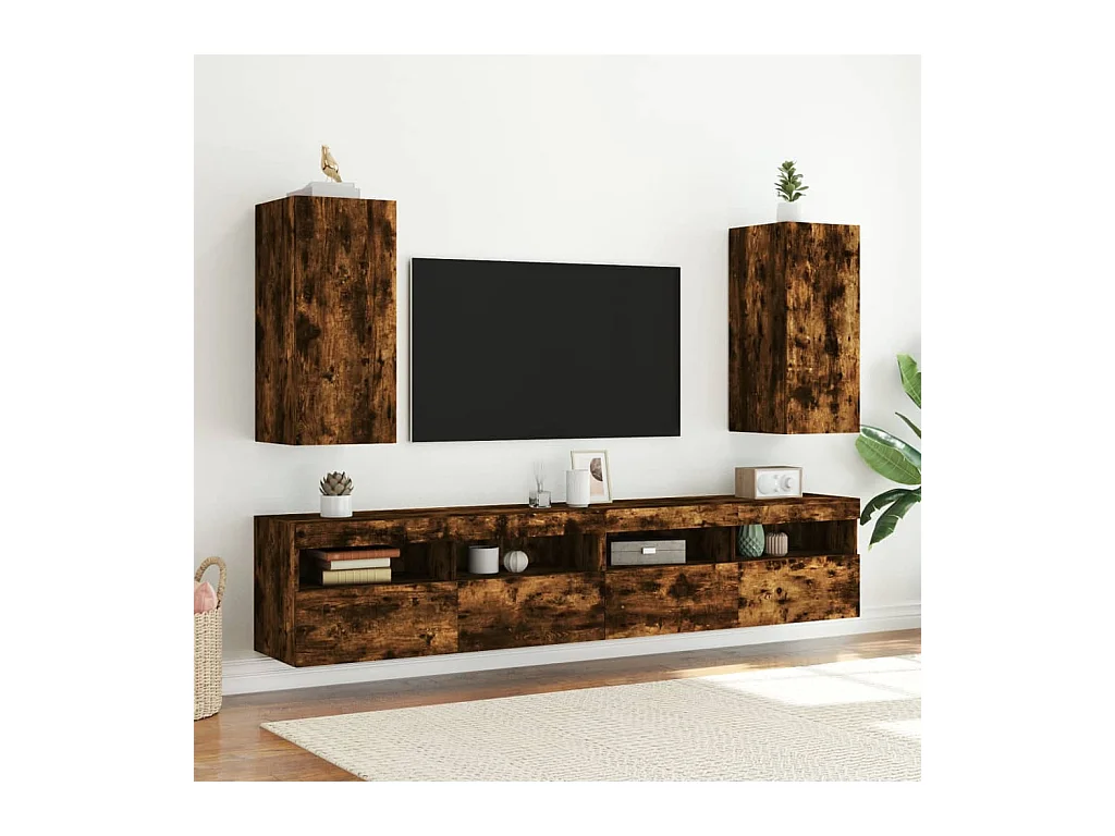 Wandmontierter TV-Schrank mit LED-Beleuchtung, geräucherte Eiche, 30,5 x 35 x 70 cm