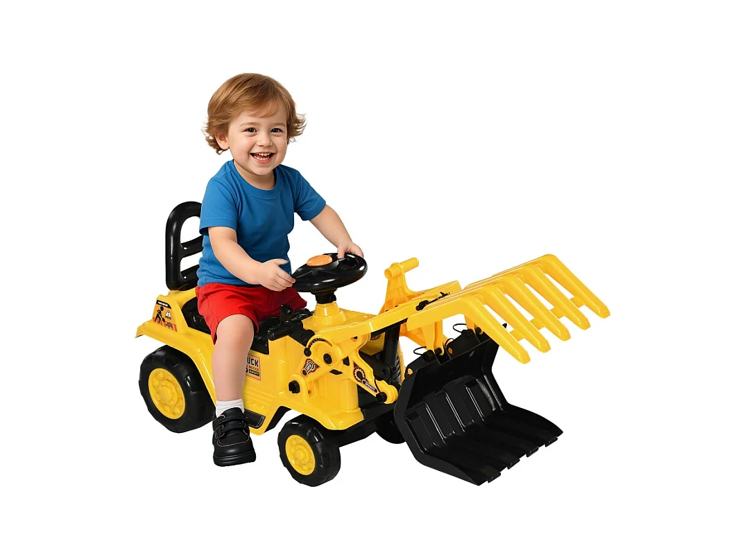 Tractopelle à chevaucher avec griffe, klaxon, effets sonores, espace de rangement, anti-basculement, plastique, jaune (83x27x39cm)