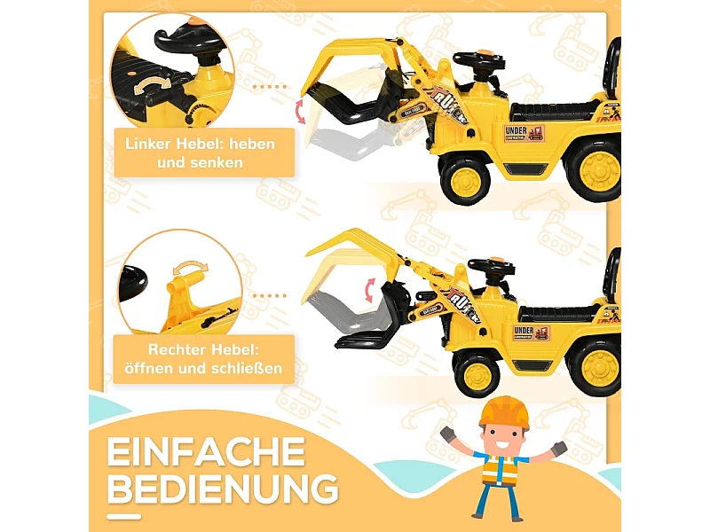 Tractopelle à chevaucher avec griffe, klaxon, effets sonores, espace de rangement, anti-basculement, plastique, jaune (83x27x39cm)