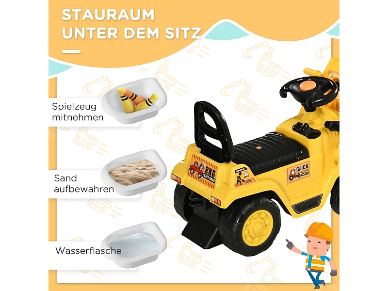 Tractopelle à chevaucher avec griffe, klaxon, effets sonores, espace de rangement, anti-basculement, plastique, jaune (83x27x39cm)
