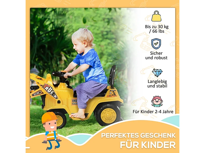 Tractopelle à chevaucher avec griffe, klaxon, effets sonores, espace de rangement, anti-basculement, plastique, jaune (83x27x39cm)