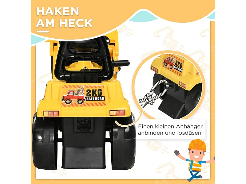 Tractopelle à chevaucher avec griffe, klaxon, effets sonores, espace de rangement, anti-basculement, plastique, jaune (83x27x39cm)