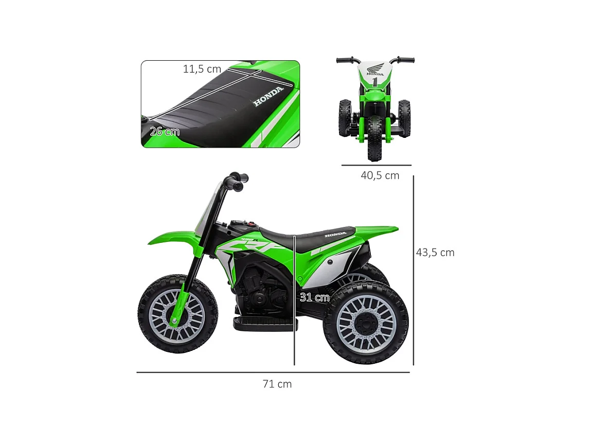 Moto électrique pour enfant, 3 km/h, effets sonores, plastique, vert (71x40.5x43.5 cm)