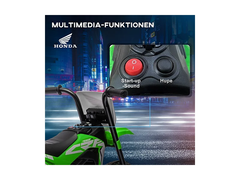 Moto électrique pour enfant, 3 km/h, effets sonores, plastique, vert (71x40.5x43.5 cm)