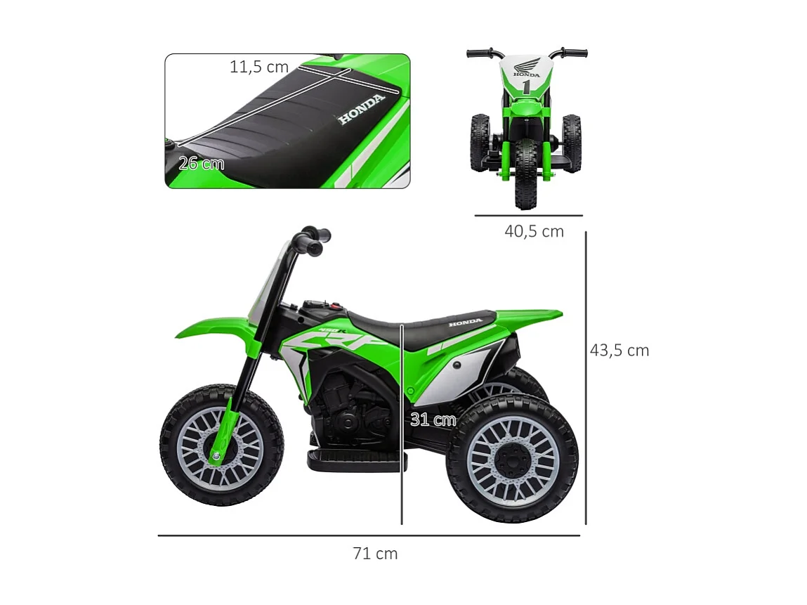 Moto électrique pour enfant, 3 km/h, effets sonores, plastique, vert (71x40.5x43.5 cm)