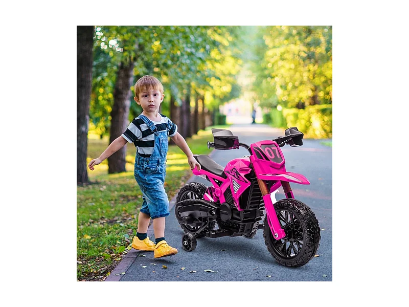 Moto électrique pour enfants avec roues stabilisatrices, jusqu'à 3 km/h, métal, rose (105x57x62cm)