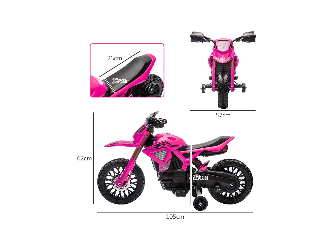 Moto électrique pour enfants avec roues stabilisatrices, jusqu'à 3 km/h, métal, rose (105x57x62cm)