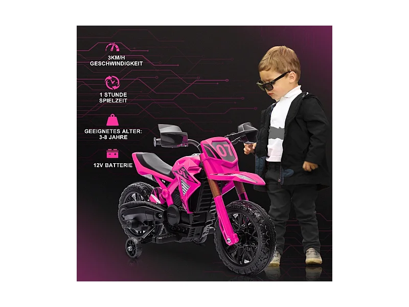 Moto électrique pour enfants avec roues stabilisatrices, jusqu'à 3 km/h, métal, rose (105x57x62cm)