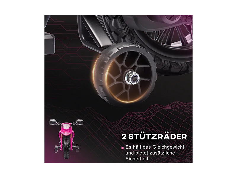 Moto électrique pour enfants avec roues stabilisatrices, jusqu'à 3 km/h, métal, rose (105x57x62cm)