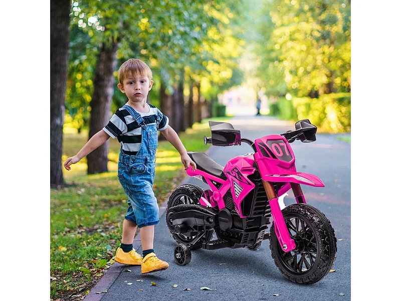 Moto électrique pour enfants avec roues stabilisatrices, jusqu'à 3 km/h, métal, rose (105x57x62cm)