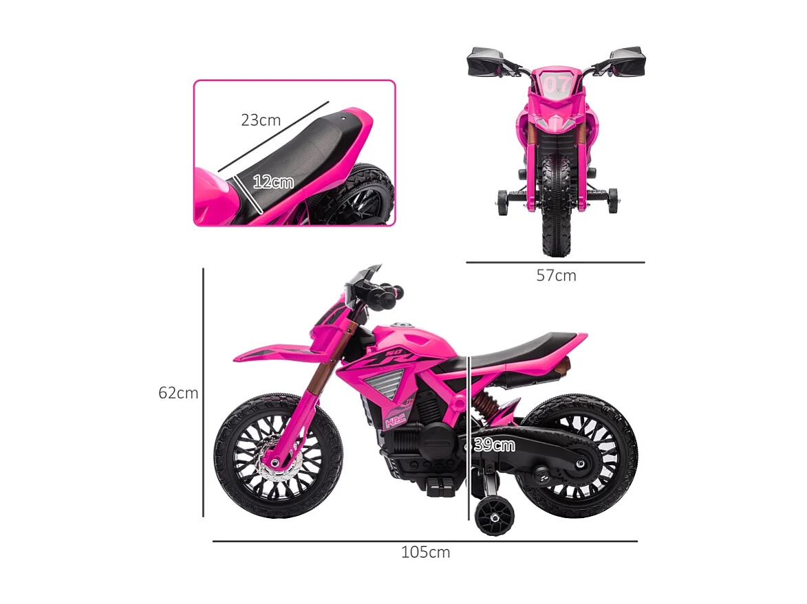 Moto électrique pour enfants avec roues stabilisatrices, jusqu'à 3 km/h, métal, rose (105x57x62cm)