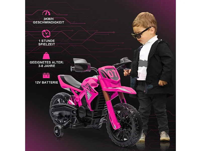 Moto électrique pour enfants avec roues stabilisatrices, jusqu'à 3 km/h, métal, rose (105x57x62cm)