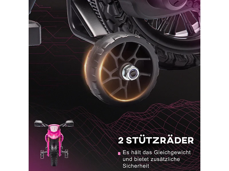 Moto électrique pour enfants avec roues stabilisatrices, jusqu'à 3 km/h, métal, rose (105x57x62cm)