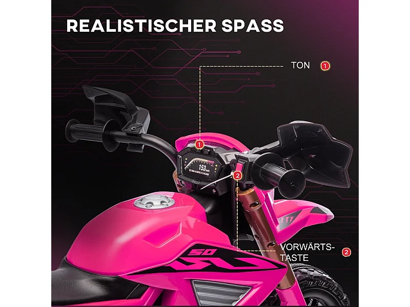 Moto électrique pour enfants avec roues stabilisatrices, jusqu'à 3 km/h, métal, rose (105x57x62cm)