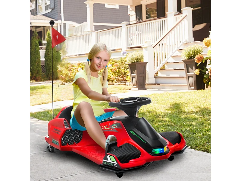 Go-Kart électrique pour enfants, fonction dérapage, plastique, rouge, avec lumières et musique (90x53x99 cm)