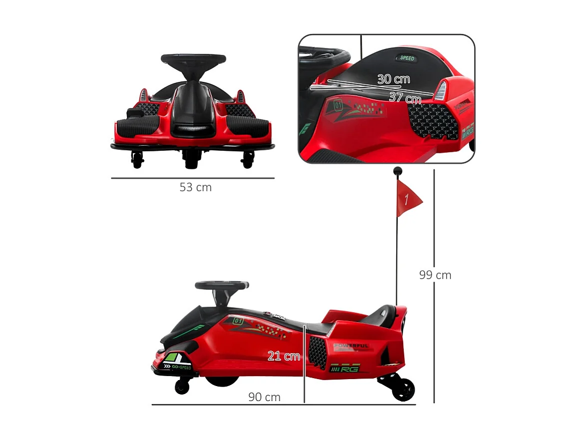 Go-Kart électrique pour enfants, fonction dérapage, plastique, rouge, avec lumières et musique (90x53x99 cm)