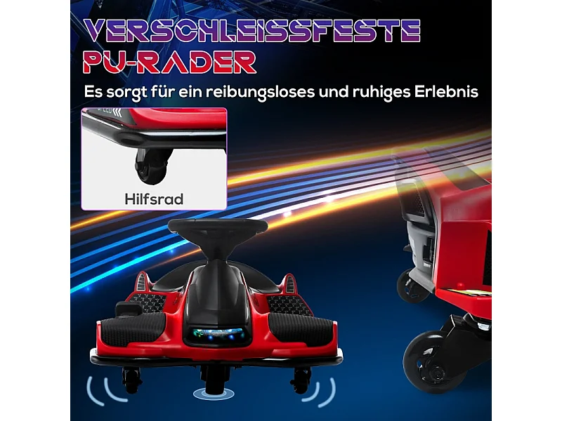 Go-Kart électrique pour enfants, fonction dérapage, plastique, rouge, avec lumières et musique (90x53x99 cm)