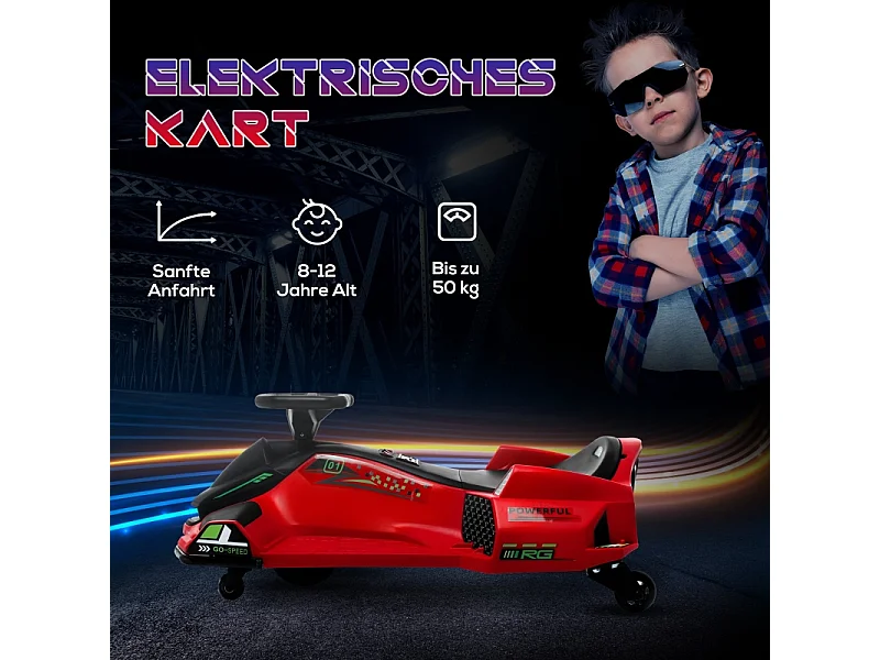 Go-Kart électrique pour enfants, fonction dérapage, plastique, rouge, avec lumières et musique (90x53x99 cm)