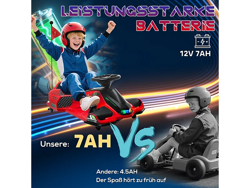 Go-Kart électrique pour enfants, fonction dérapage, plastique, rouge, avec lumières et musique (90x53x99 cm)