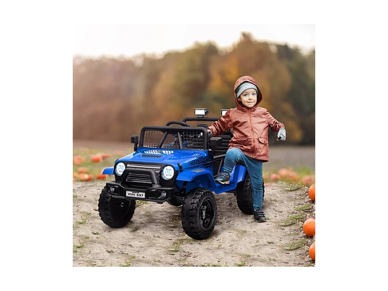 Elektrische kinderauto met zachte vering, afstandsbediening, LED, claxon, 12V-motoren, kunststof en metaal, blauw (109x67x68,5cm)