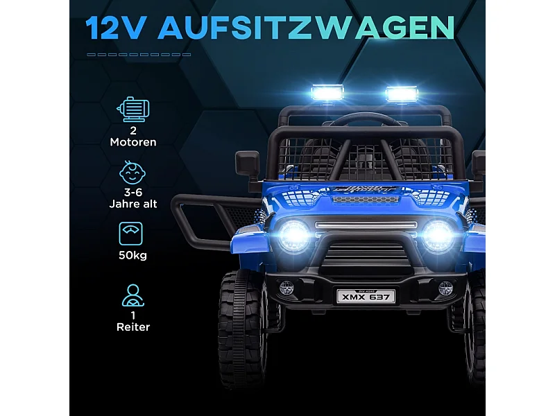 Elektrische kinderauto met zachte vering, afstandsbediening, LED, claxon, 12V-motoren, kunststof en metaal, blauw (109x67x68,5cm)