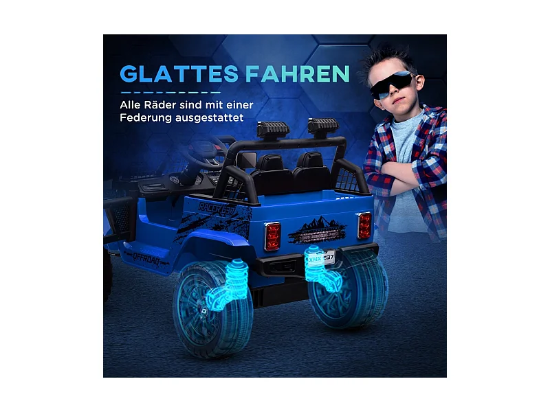 Elektrische kinderauto met zachte vering, afstandsbediening, LED, claxon, 12V-motoren, kunststof en metaal, blauw (109x67x68,5cm)